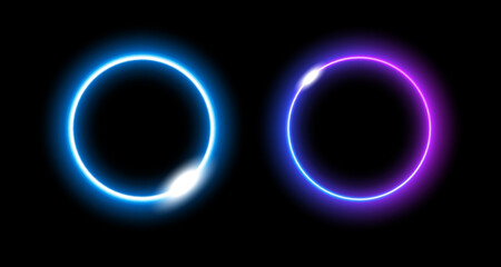 Naklejka premium Two neon circles glow with bright blue and purple lights, reflecting energy in a modern tech style.