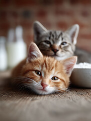Fototapeta premium Two adorable kittens, one ginger and one tabby, rest on a rustic wooden surface. Symbolizing companionship and comfort, ideal for heartwarming projects.