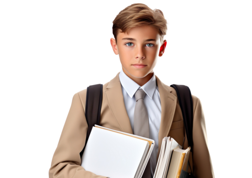 Portrait of a young schoolboy carrying school books on a transparent background