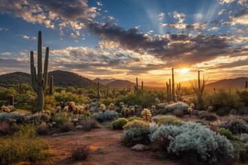 Arizona Desert Landscape with Saguaro Cacti at Sunset Under Cloudy Blue Sky