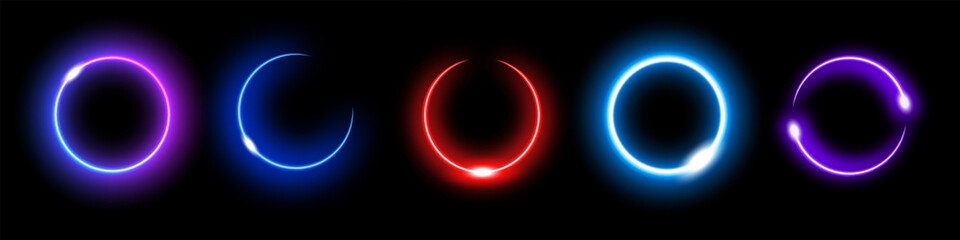 Neon circles glow brightly with energetic styles in red, blue, purple, and green, signifying tech energy.