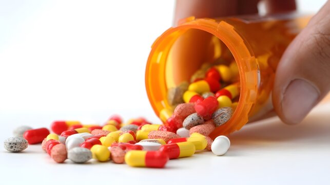 Colorful pills spill out of an orange bottle against a bright white backdrop, showcasing healthcare.