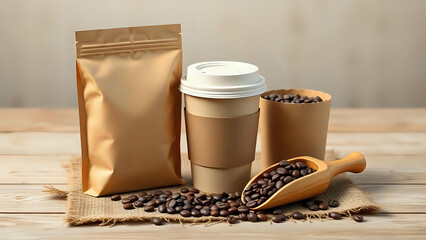 3D render of a kraft zipper pouch, cardboard cup with biodegradable lid, recycled paper sleeve, and a wooden scoop with coffee beans.