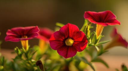 Obraz premium Vibrant deep red petunia flowers in full bloom with intricate veining, bright yellow throats, and trumpet-shaped petals surrounded by soft green leaves and stems.