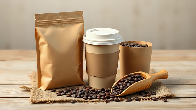 3D render of a kraft zipper pouch, cardboard cup with biodegradable lid, recycled paper sleeve, and a wooden scoop with coffee beans. - Powered by Adobe