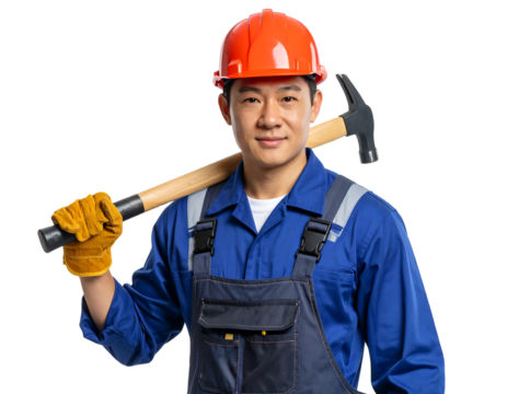 Asian construction worker with hammer resting