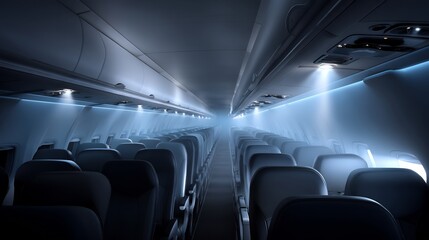 Fototapeta premium Interior view of a commercial airplane with empty seats and soft blue lighting
