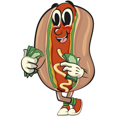cute hot dog mascot cartoon vector illustration carrying money, funny fast food character isolated on transparent background, work of hand drawn