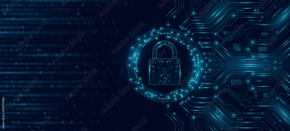 Poster cybersecurity background featuring a digital lock icon with glowing blue circuit board pattern and e
