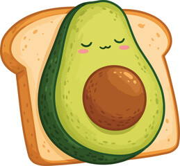 Digital illustration of a cute avocado sleeping on a toast bread, isolated on white background