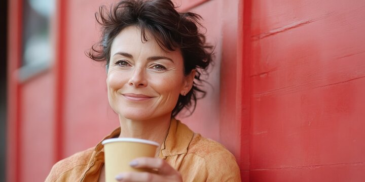 A cheerful middle-aged woman with short hair sipping from a cup of hot beverage, possibly coffee. She is smiling broadly and appears relaxed against a vibrant red backdrop. - Powered by Adobe