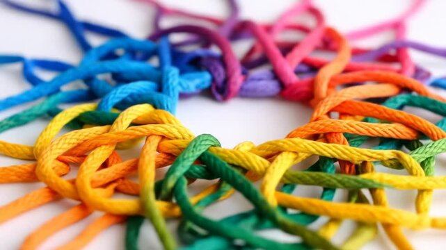 Vibrant Interwoven Ropes Forming a Circular Pattern on Plain Background