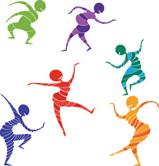 Illustration of colorful spiral dancing figures, isolated on white background