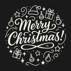 Black and white vector illustration of Merry Christmas lettering surrounded by stars, snowflakes, gifts, ornaments and Santa hats. Festive circular design, no background.