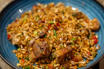 Stir Fried Crispy Pork Belly with Salt and Chili, served on plate