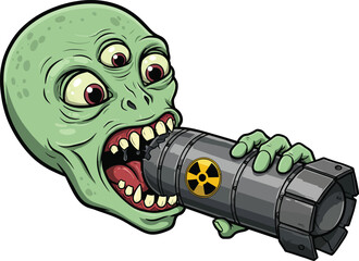 Digital illustration of a green alien with three eyes eating a nuclear bomb,  isolated on white background