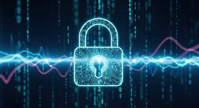 Digital padlock with binary code and wave lines background