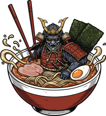 Digital illustration of a samurai with armor inside ramen bowl, isolated on white background