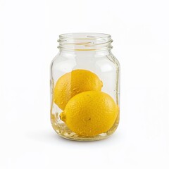 Two fresh lemons in a glass jar on a bright white background with copy space