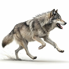Gray wolf standing confidently with thick fur and sharp eyes, full body wild animal portrait isolated on white background