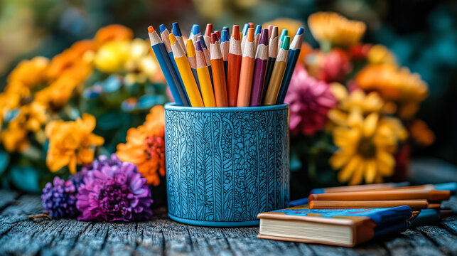Blue container with a bunch of colored pencils sits on a wooden table next to a book. The pencils are arranged in a neat row, and the container is filled to the brim