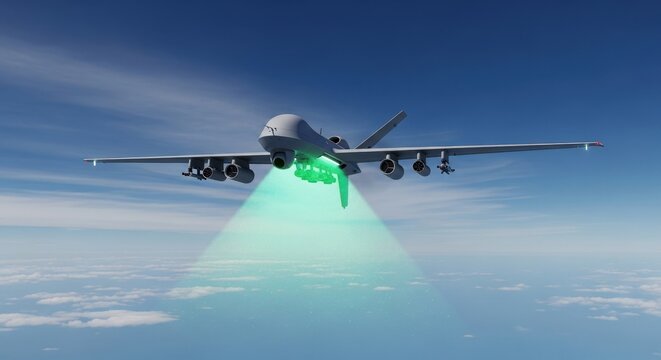 Advanced military drone with sensor pods flying high above the clouds under a clear blue sky