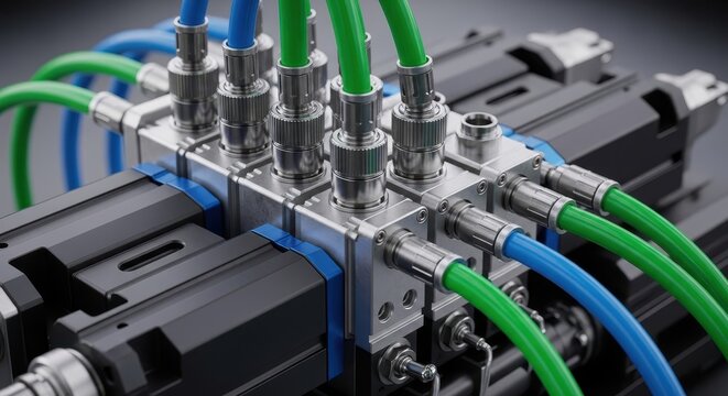 Detailed view of a modern industrial machine with green and blue pneumatic hoses