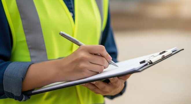 Close up of woman hands in a safety vest writing on a clipboard with a pen