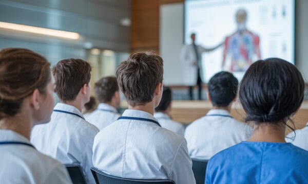 Medical students in lab coats and scrubs attending a lecture on human anatomy in a modern university hall