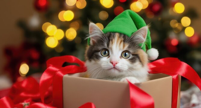 Calico kitten in green elf hat peeking from christmas gift box with red ribbon