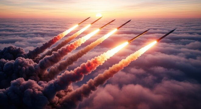 Fototapeta Five intercontinental ballistic missiles launching simultaneously into a dramatic sunrise sky above clouds
