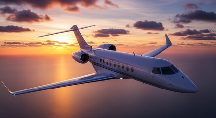 Pristine white private luxury jet soaring through a vibrant sunset sky over the ocean