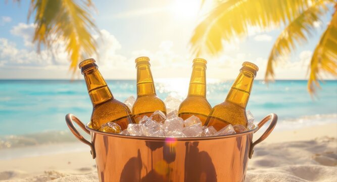 Four amber beer bottles chilling in a copper bucket with ice on a sunny tropical beach with palm trees