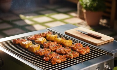 Succulent chicken skewers and vibrant pineapple chunks grilling on a hot barbecue.
