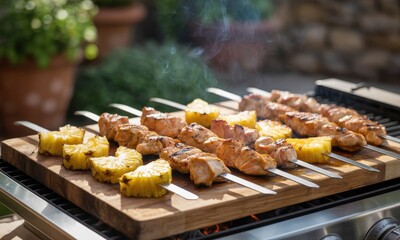 Succulent chicken and vibrant pineapple skewers grilling on a hot outdoor barbecue