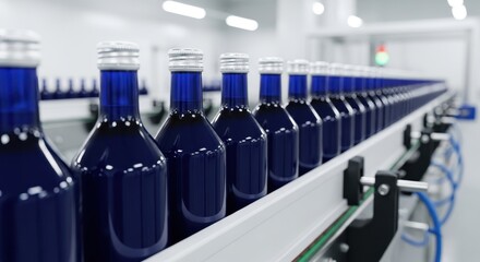 Long line of identical dark blue bottles with silver caps moving on a conveyor belt in a modern factory
