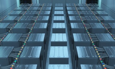 Modern high tech data center with rows of server racks and glowing network connections