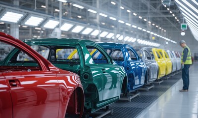 Modern automotive factory assembly line with worker inspecting colorful car bodies