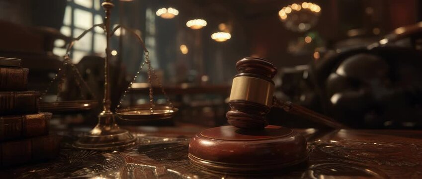 Intricate justice court setting with gavel, scales, and aged legal books ambiance