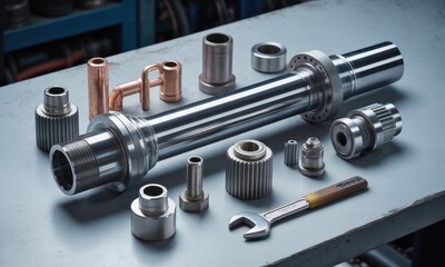 Close up of diverse chrome plated and copper mechanical components with a wrench on a grey surface