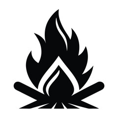 Black silhouette campfire vector icon for outdoor, camping, survival, fire safety, or hiking-related design and adventure branding in simple flat style.