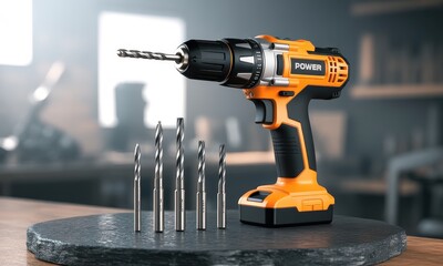 Professional product photograph of a bright orange and black cordless electric drill with bits