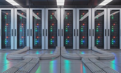 Modern high tech data center with a row of server racks and glowing led indicators