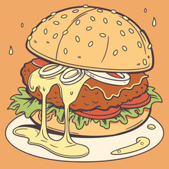 Minimalist burger icon vector, with all ingredients aligned perfectly between golden sesame seed buns.