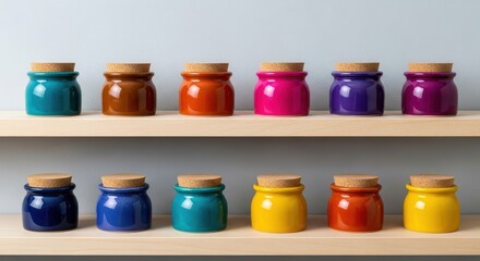 Twelve vibrant ceramic pots with cork stoppers neatly arranged on wooden shelves