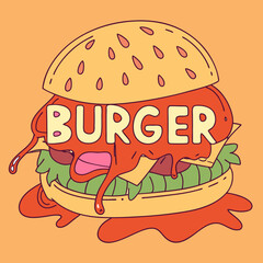 Artistic burger vector with layered meat, lettuce, tomato, cheese, and sesame seed bun isolated.