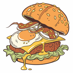 Clean vector burger design with stacked ingredients: beef, cheese, lettuce, tomato, and sesame bun.