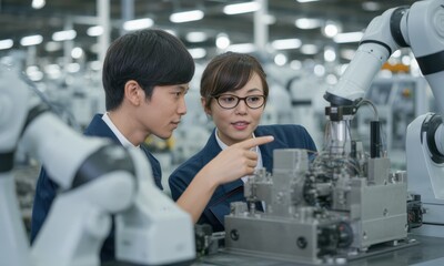 Obraz premium Two young japanese factory workers inspecting a robotic arm in a modern industrial setting.