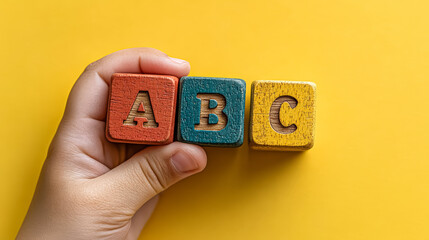 Hand holding three wooden blocks with the letters A, B, and C on them. The blocks are arranged in a way that they spell out the alphabet
