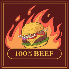 Crisp vector burger icon with visible layers: beef, cheese, lettuce, tomato, all inside sesame bun.